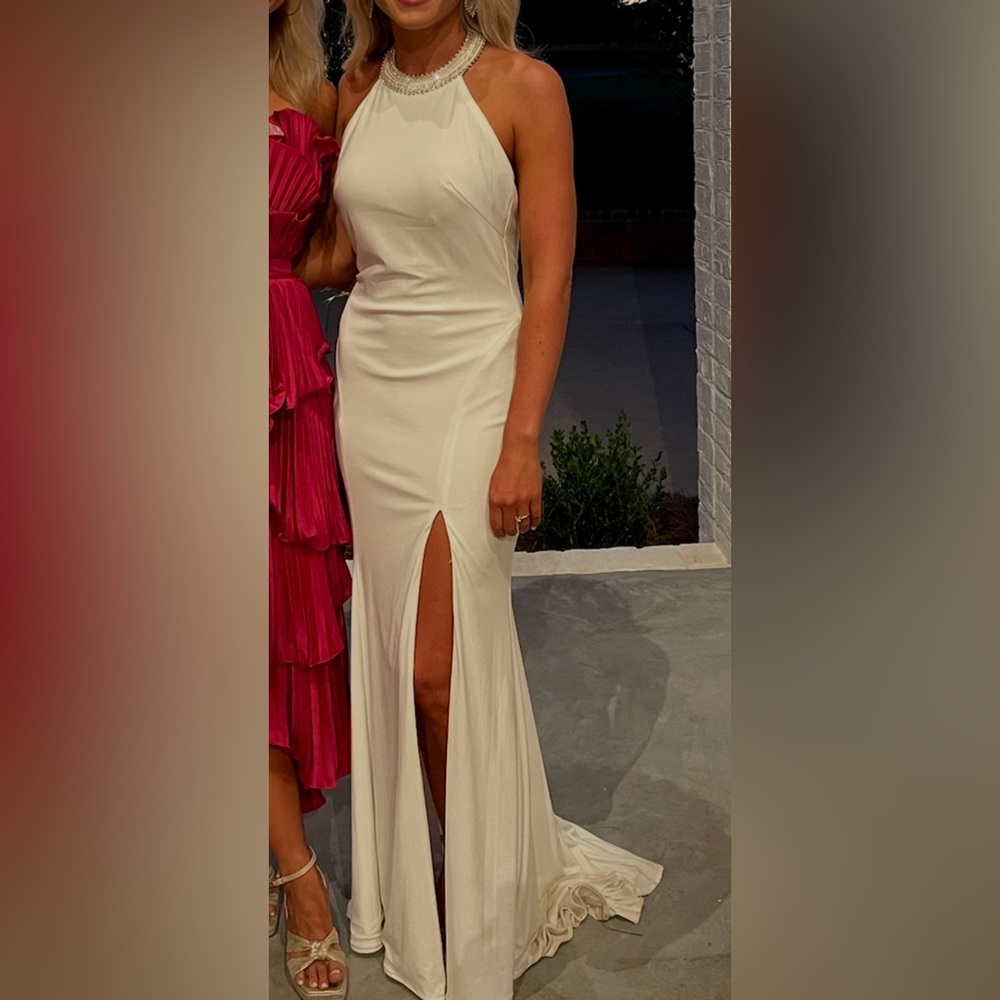 Mac Duggal Cream Maxi Dress with High Slit